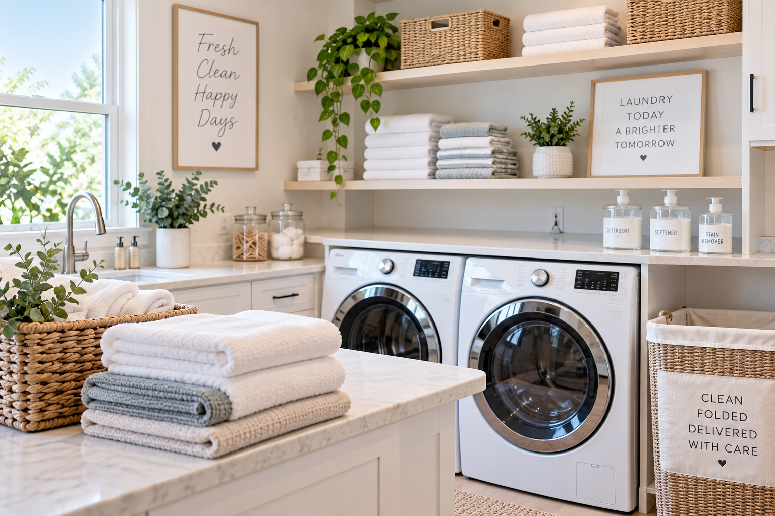 A well-organized laundry room with a front-loading washing machine and dryer, white shelves with folded towels, glass jars with laundry supplies, potted plants, and framed signs with cleaning-related quotes, all in a bright space with a window and natural light.