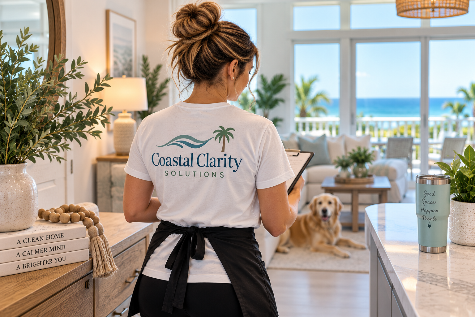 A woman in a Coastal Clarity Solutions t-shirt and black apron holding a clipboard in a bright, beachside home interior with a view of the ocean, a dog lying on the floor, and decorative plants and books.