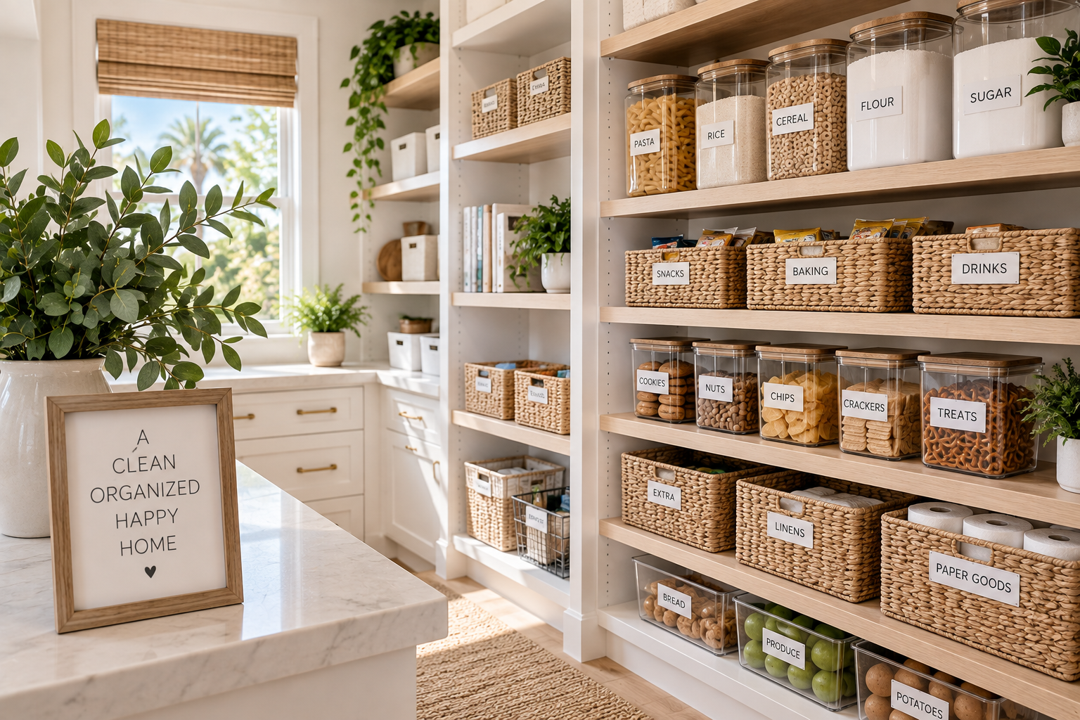 A well-organized pantry with glass jars and woven baskets labeled with various food items, shelves holding books and plants, and a framed sign on the counter that reads, 'A clean organized happy home'.