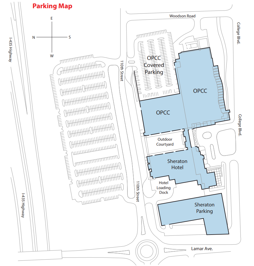 Map showing parking areas, the Sheraton Hotel, and OPCC buildings with nearby roads and parking lots.