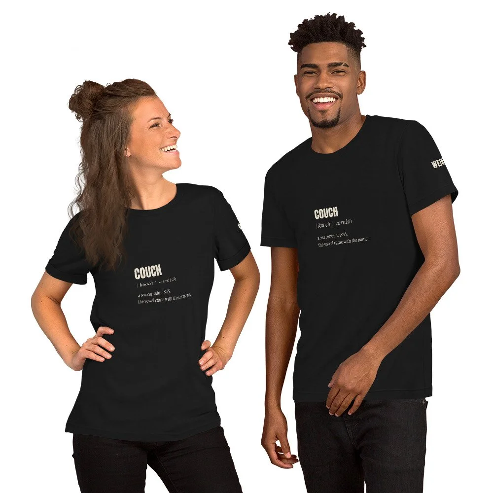 Couch Tee, Etymology in vintage black, front view