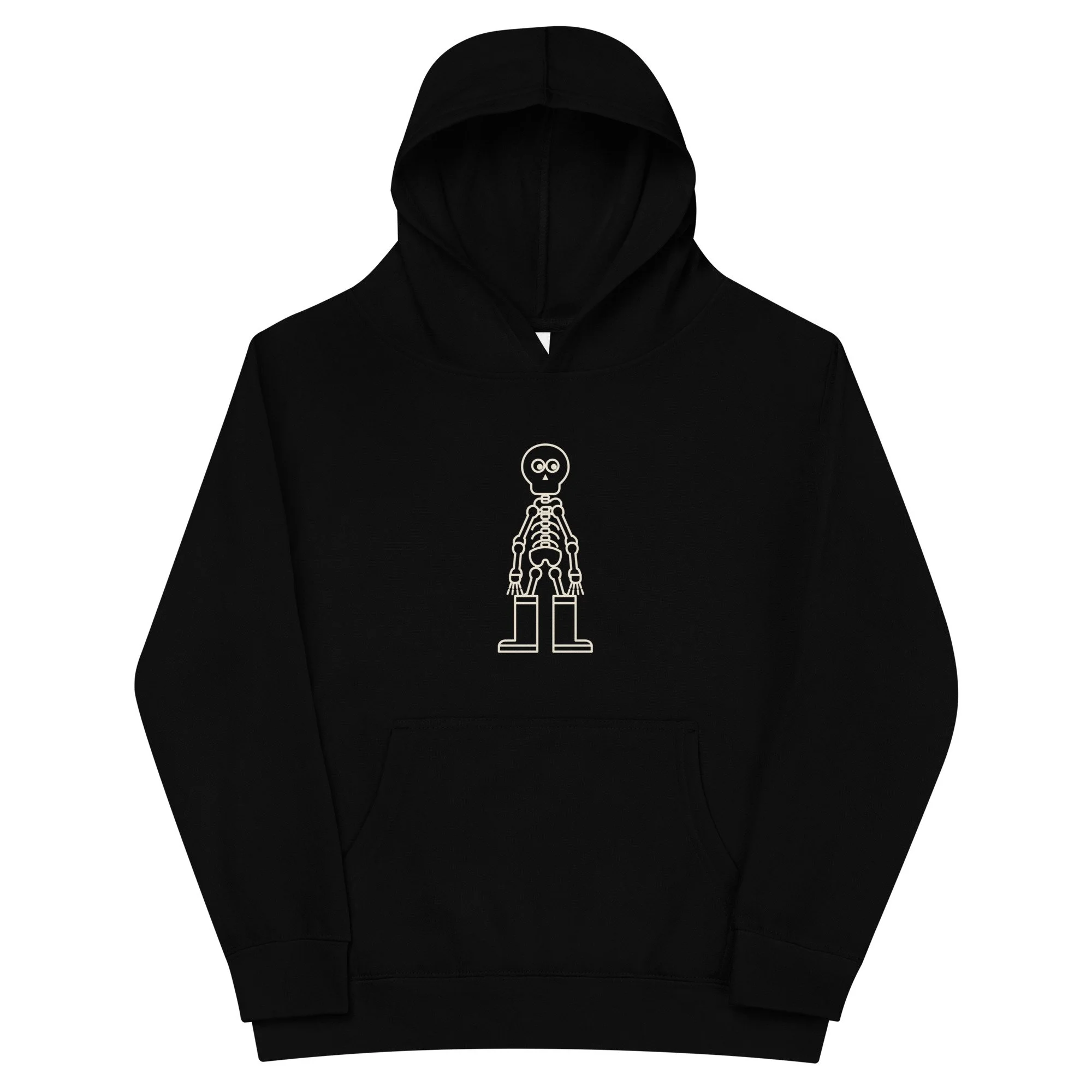 Skeleton In Rain Boots Kids Hoodie, in black, front view