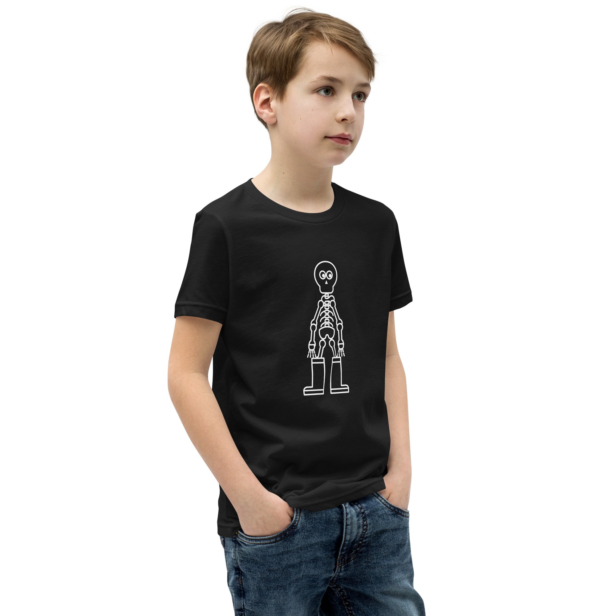 Skeleton In Rain Boots Kids Tee in black, right front view
