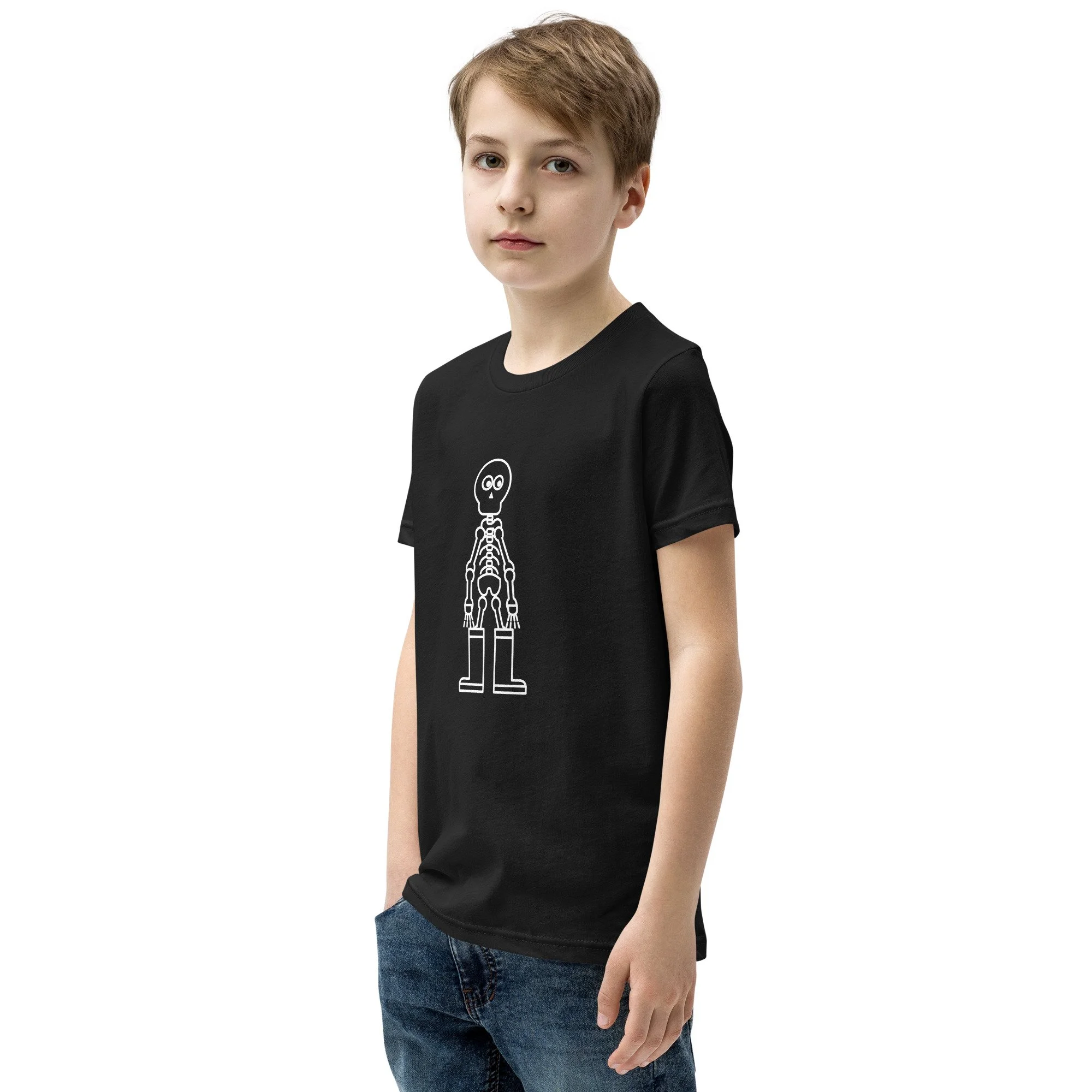 Skeleton In Rain Boots Kids Tee in black, left front view