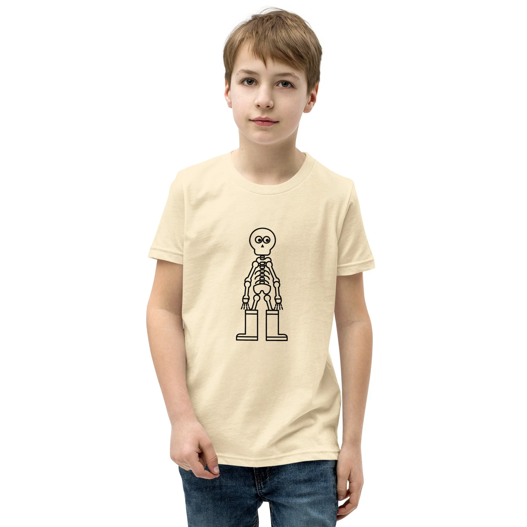 Skeleton In Rain Boots Kids Tee in natural, front view