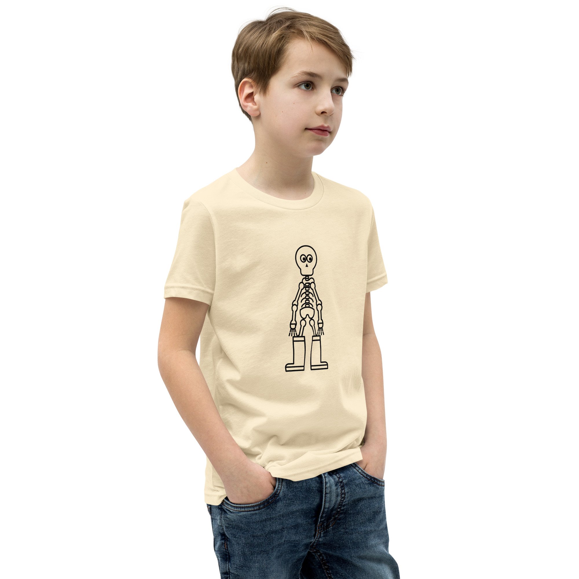 Skeleton In Rain Boots Kids Tee in natural, right front view