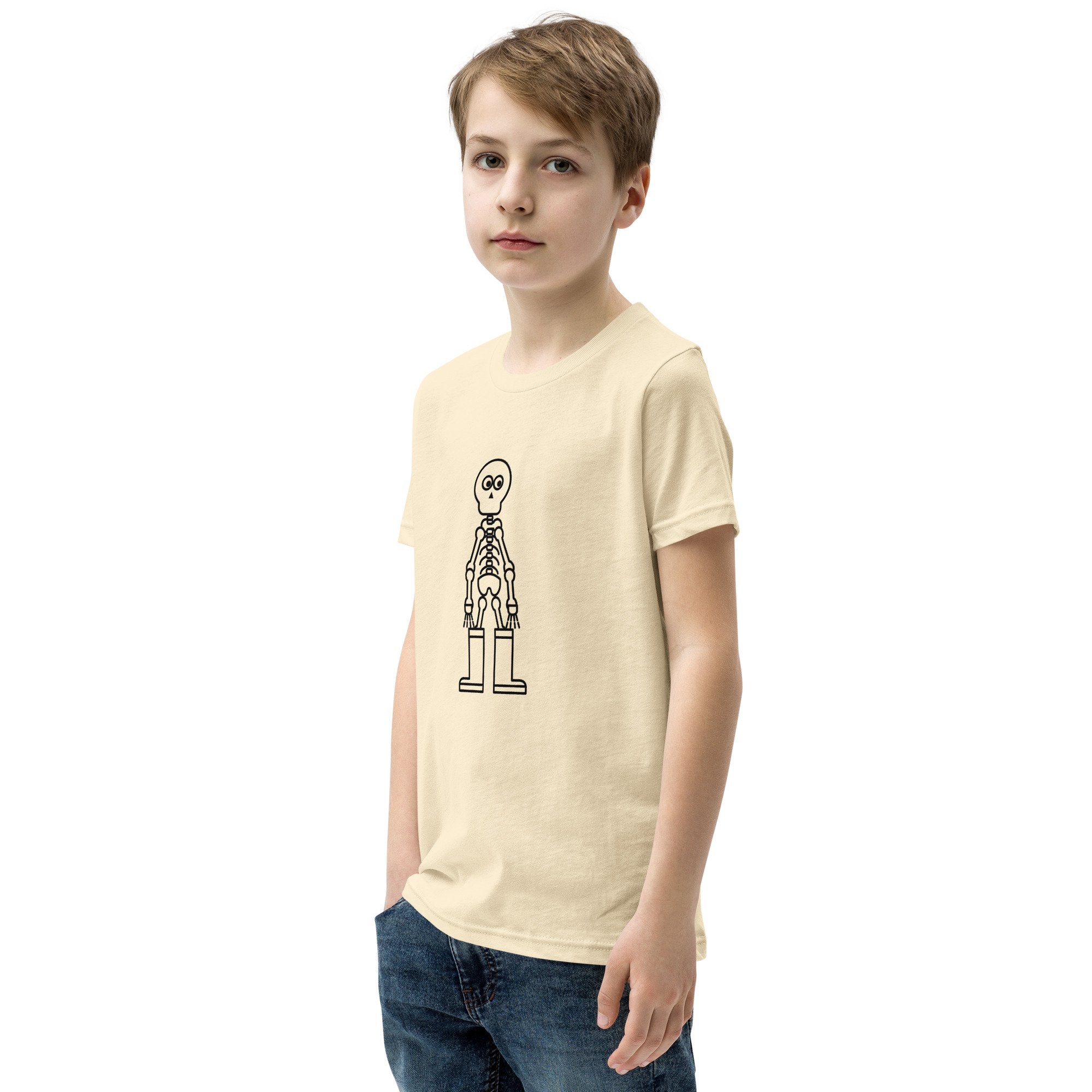 Skeleton In Rain Boots Kids Tee in natural, left front view