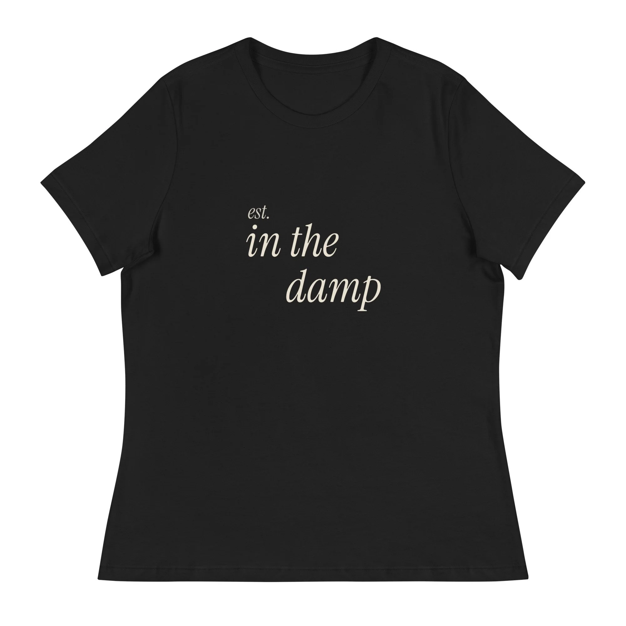 Est. In The Damp Women's Relaxed Tee in black, front view