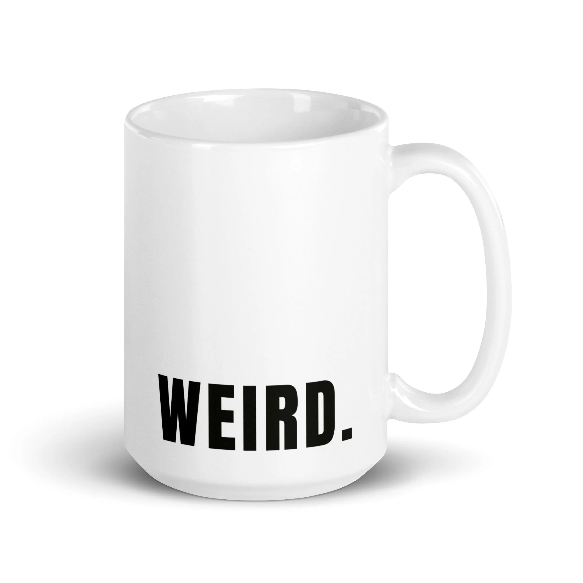 Ghost Mug in white 15 oz, side view with WEIRD.