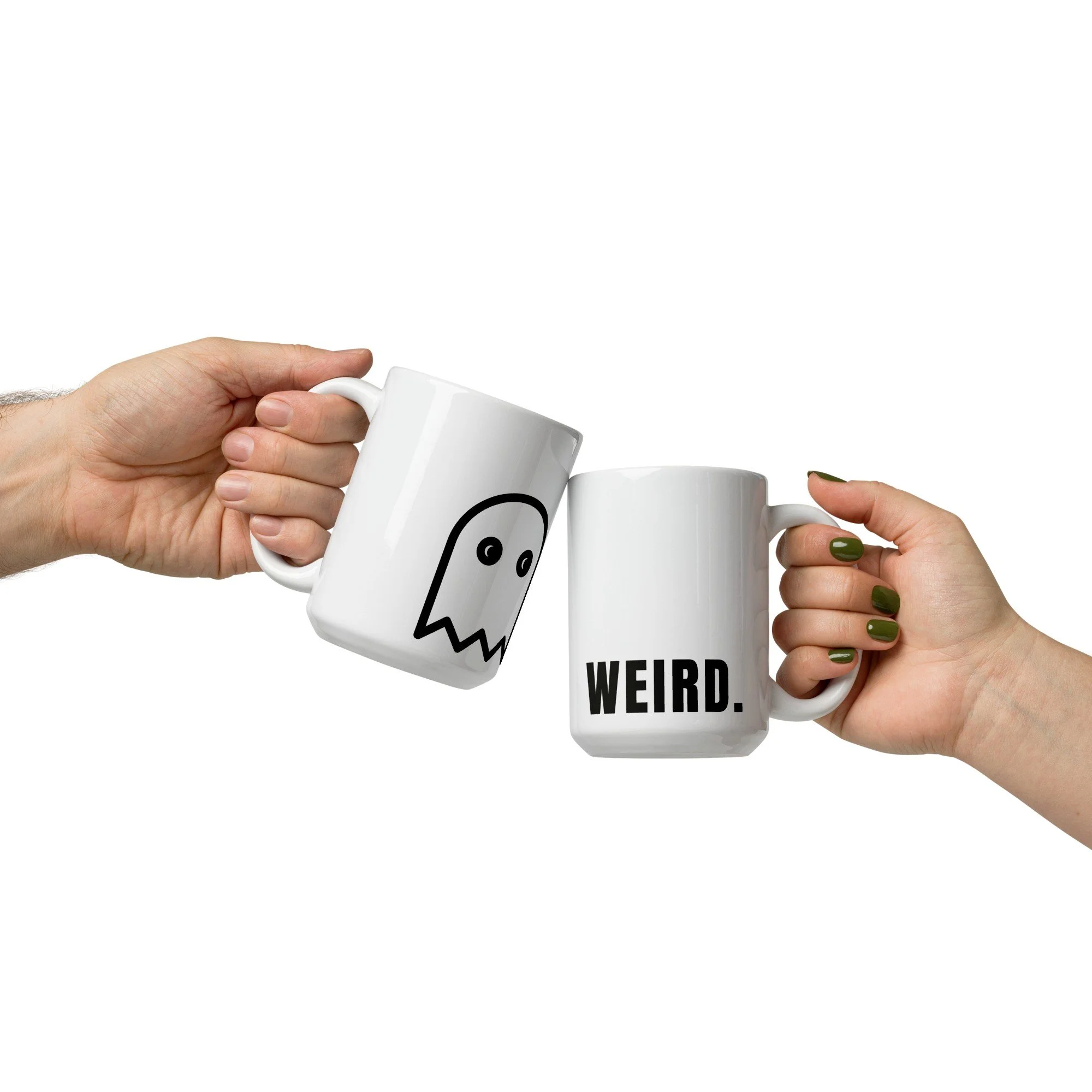 Two hands toasting with Ghost Mugs in white 15 oz