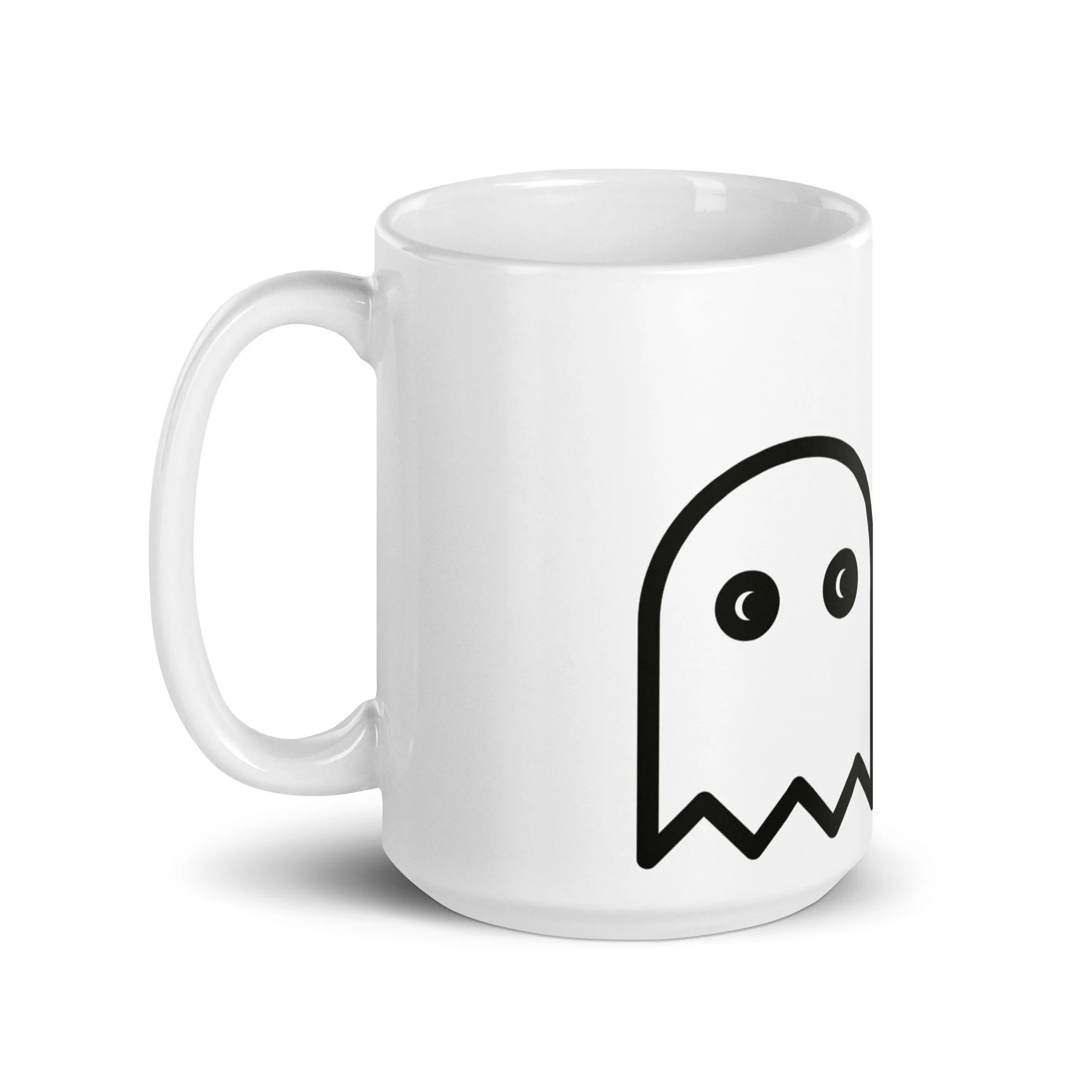 Ghost Mug in white 15 oz, handle side view with the ghost