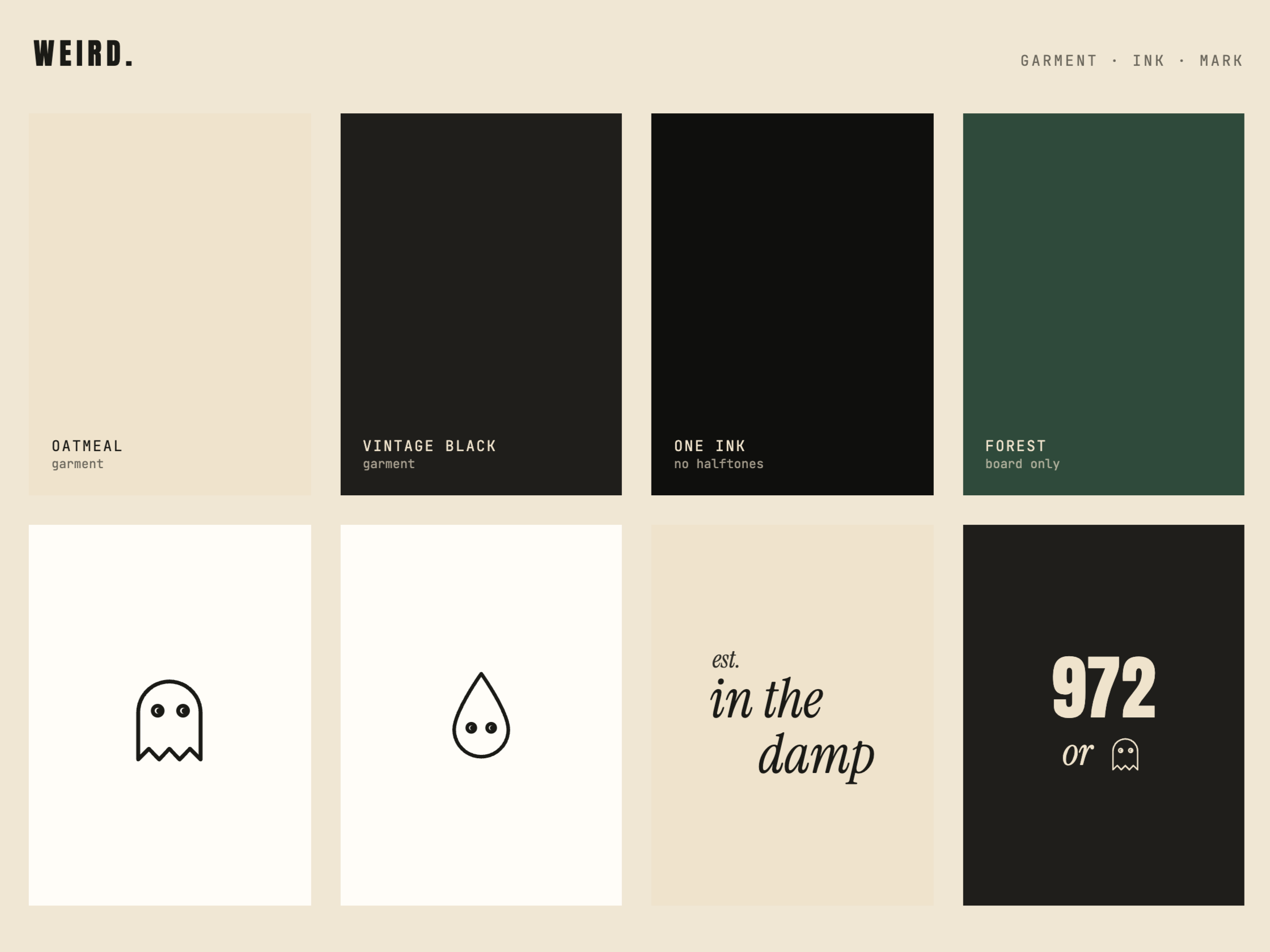 Swatch wall of the garment colours WEIRD. prints on, soft cream through vintage black.