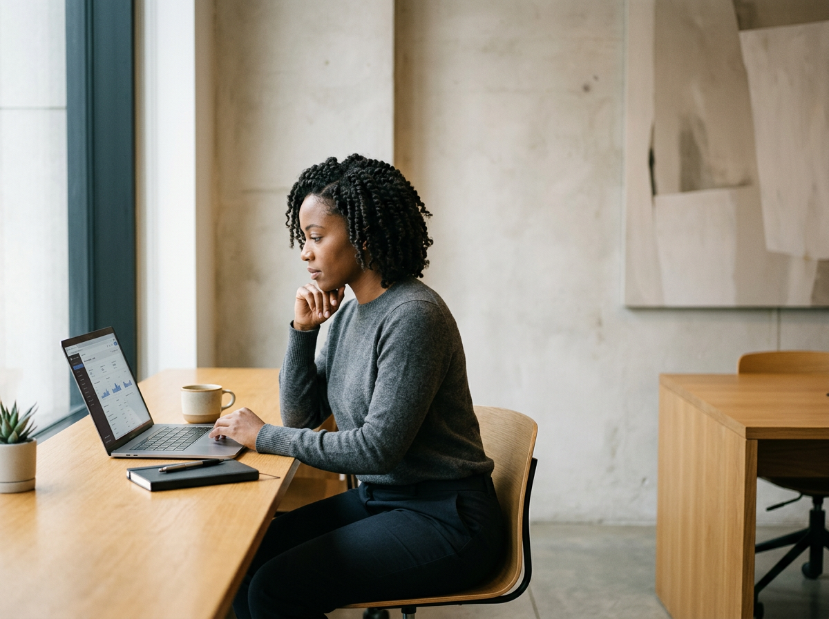 A woman sits at a wooden table working on a laptop with a graph display on the screen. She is in a modern office space with a beige wall, a window with a ledge, a plant, a cup, a notebook, and a pen on the table.