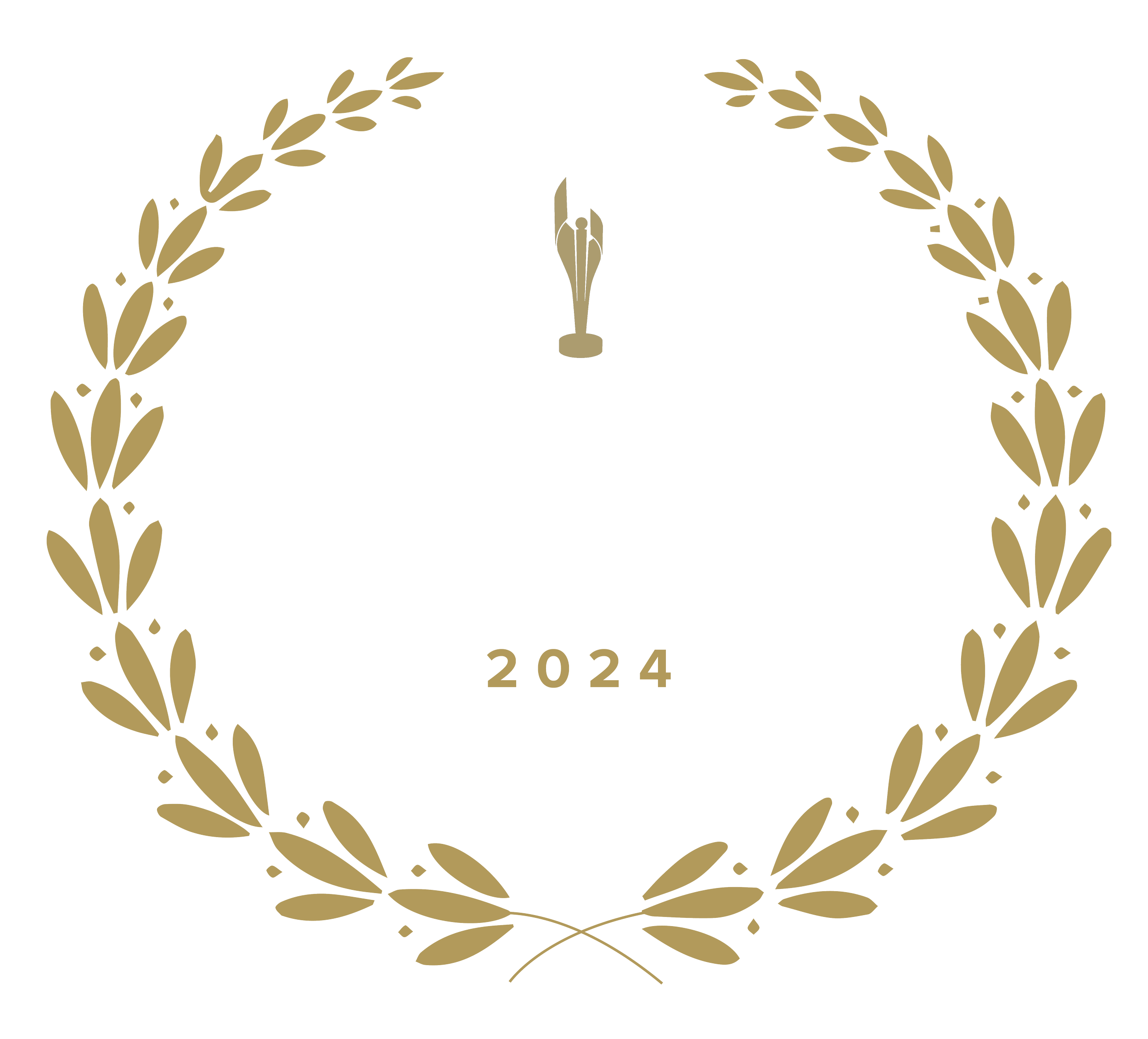 Gold and white laurel wreath with a gold eagle in the center, text reads 'Winner Canadian Screen Awards 2024'