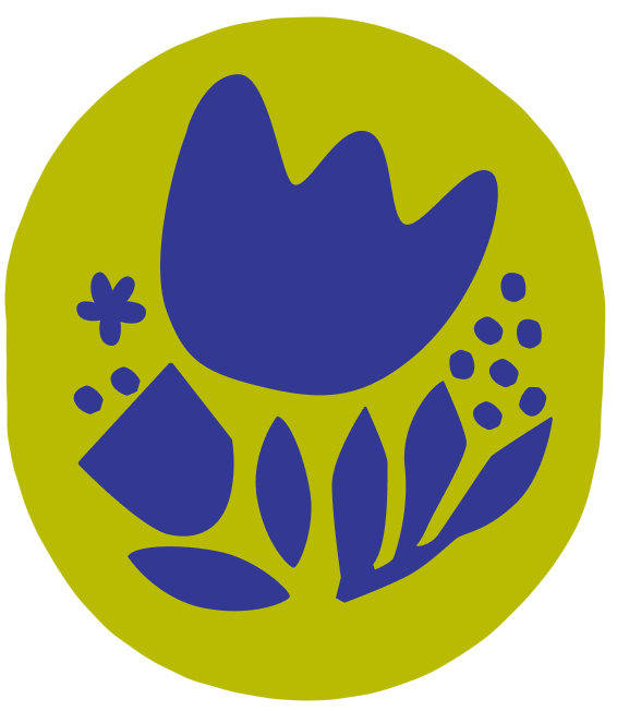 A stylized floral logo with blue flowers and leaves on an olive-green oval background.
