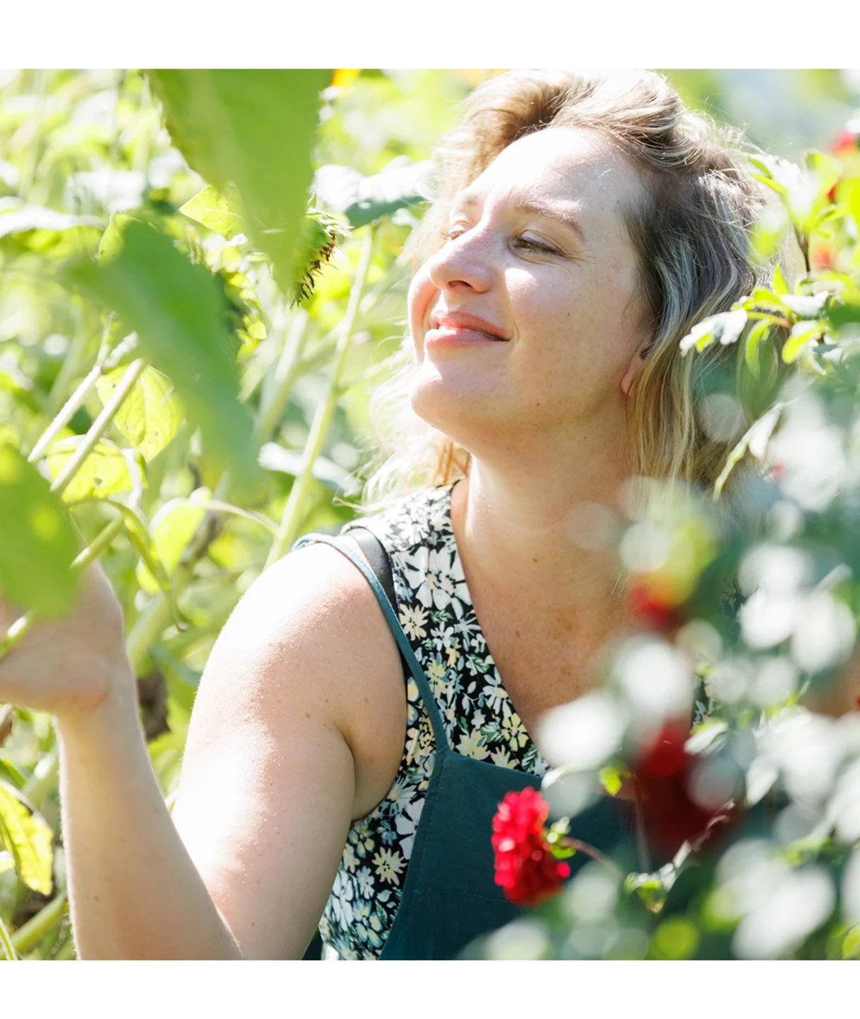A woman with wavy hair and freckles smiling while picking red berries from a bush in a sunny garden.