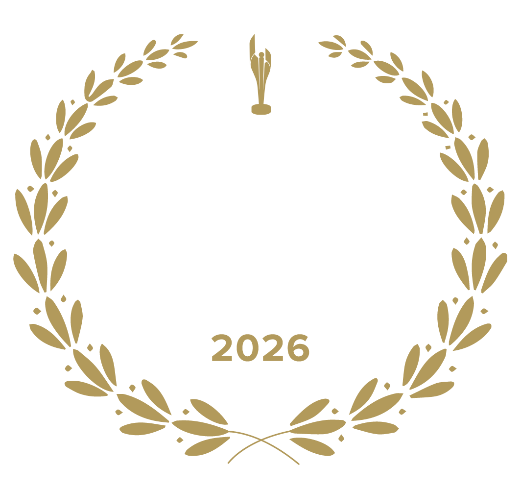 Award emblem with gold laurel wreath, a stylized trophy at the top, and text indicating 'Winner Canadian Screen Awards 2026' on a black background.
