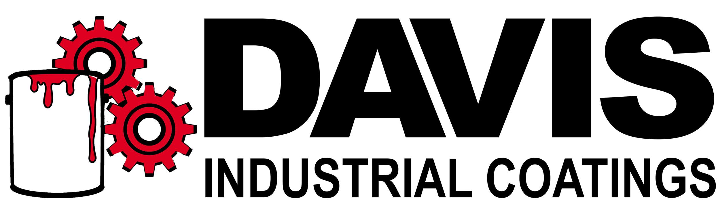 Logo for Davis Industrial Coatings featuring a paint can with red dripping paint, three red gears, and bold black text reading 'Davis Industrial Coatings'.