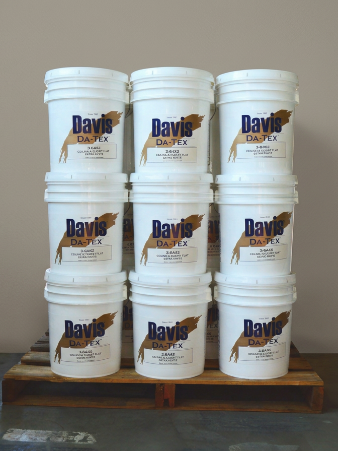 Nine white buckets with Davis DA-TEX branding stacked on a wooden pallet.