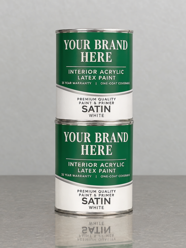 Two cans of satin white interior acrylic latex paint stacked on top of each other on a gray surface with a plain gray background that says "your name here."