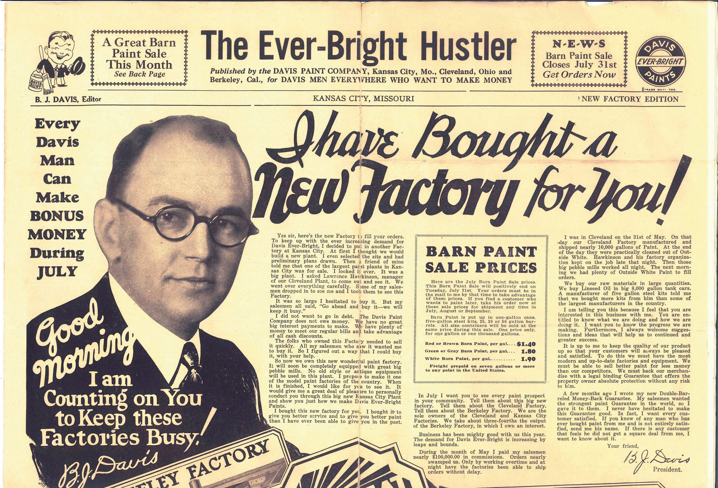 Vintage newspaper advertisement for Davis Paint Company featuring a man in a suit with glasses, promoting their barn paint sale in Kansas City, Missouri. The ad emphasizes their factory, low prices, and financing options.