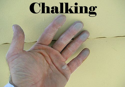 Close-up of a hand with chalk marks on fingers against a yellow wall with the word 'Chalking' written at the top.