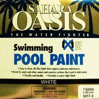 paint label titled 'Sahara Oasis: The Water Fighter' with a subtitle 'Swimming Pool Paint' and mentions 'white' color and 1-gallon size.