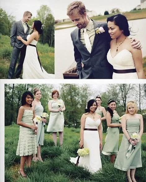 A group of women and a man outdoors on a grassy area with trees, dressed for a wedding. The man and woman are in the top images, with the woman holding a bouquet and the man in a suit. The bottom image features the bride and her bridesmaids, all hold