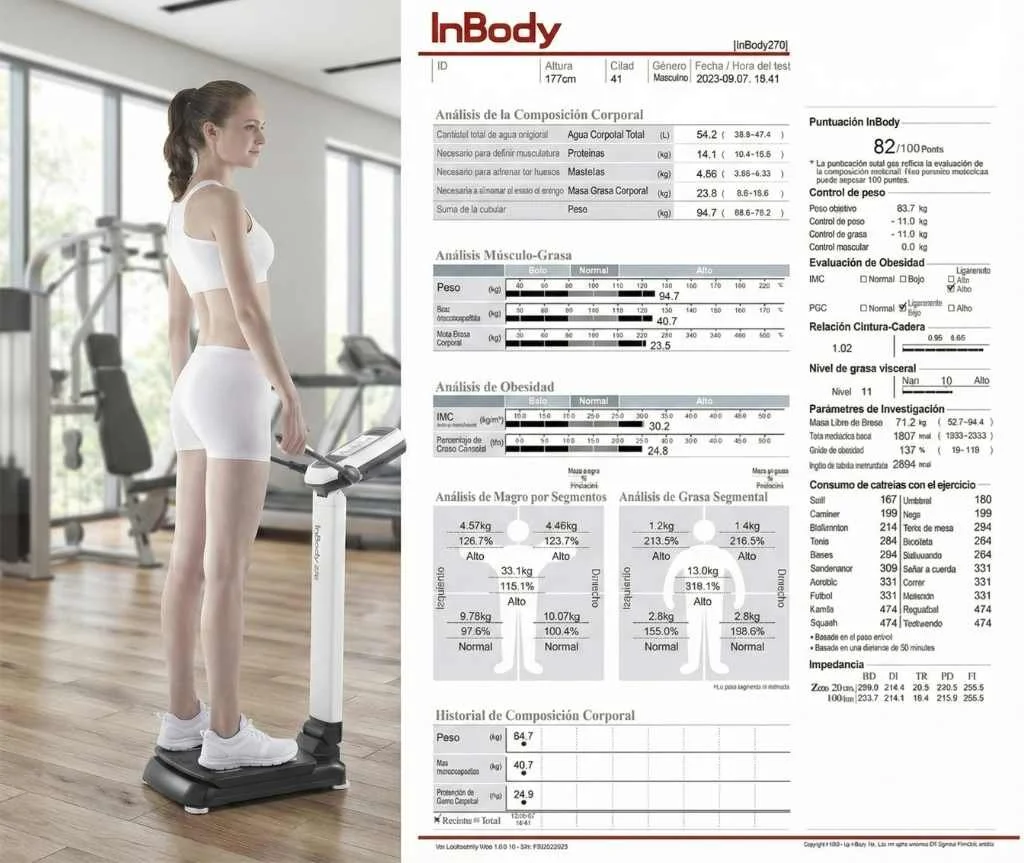 Mujer de pie en una báscula en un gimnasio, con análisis corporal y resultados en una pantalla a su lado. Análisis in Body.