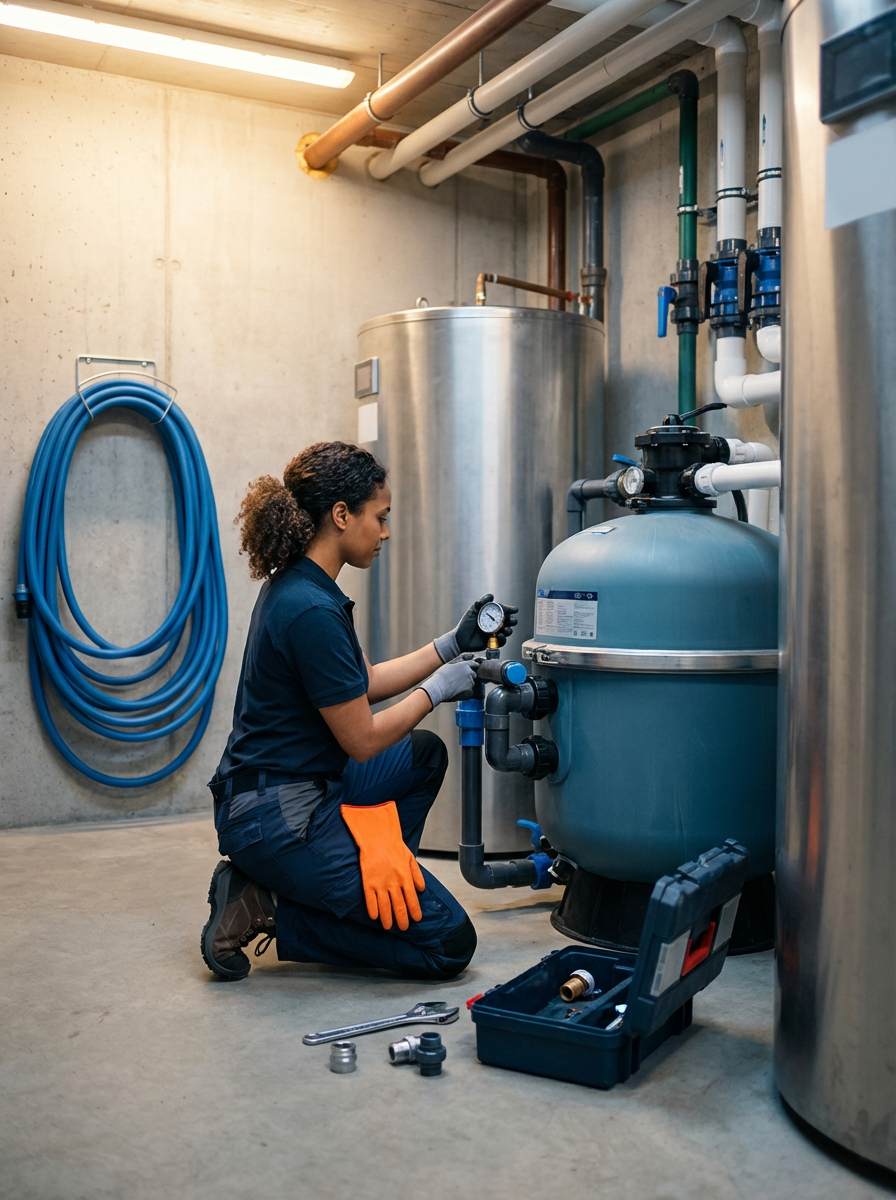 A woman kneeling on the floor, adjusting equipment in a utility room with plumbing and tanks.