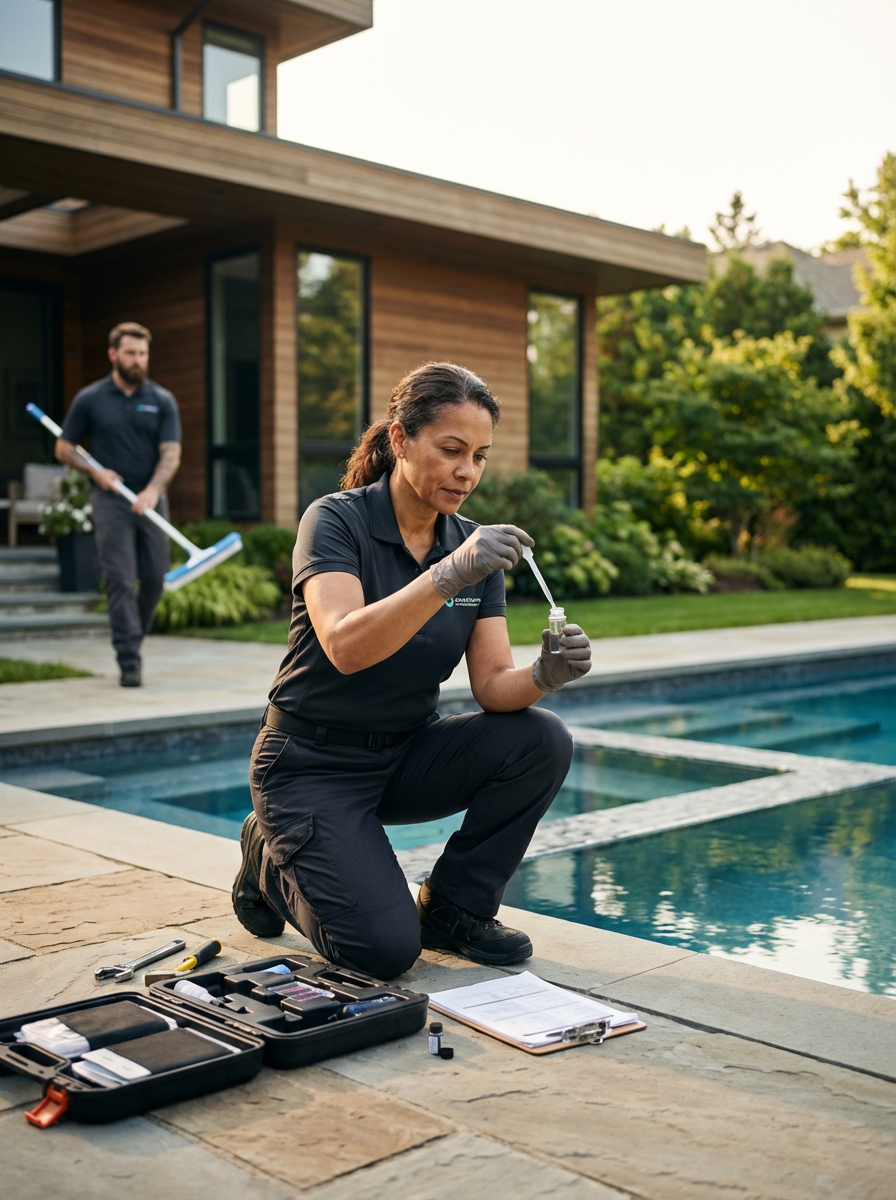 Two pool technicians in uniform working near a swimming pool, one kneeling with testing equipment and the other standing with a tool, on a sunny day in a backyard with modern house and trees.