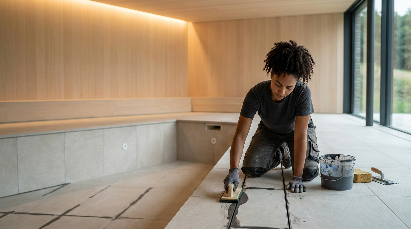 Woman kneeling on the floor, installing large tiles in a spacious room with floor-to-ceiling windows.