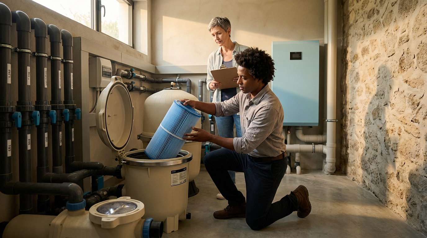 A man installing a swimming pool filter cartridge with a woman observing in a utility room.