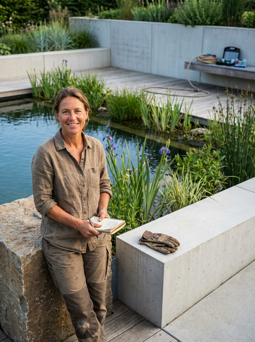 A woman with brown hair smiling and wearing a khaki shirt and pants, holding a notebook and pen, standing beside a stone with gardening gloves on a white concrete bench, near a pond with aquatic plants, in a landscaped outdoor area with wooden decking and concrete walls.