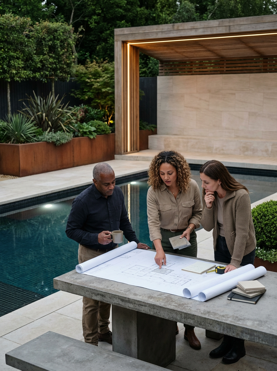 Three people are gathered around a large architectural blueprint on a concrete table near a pool. They are outdoors, with greenery and a modern building with wood accents in the background.
