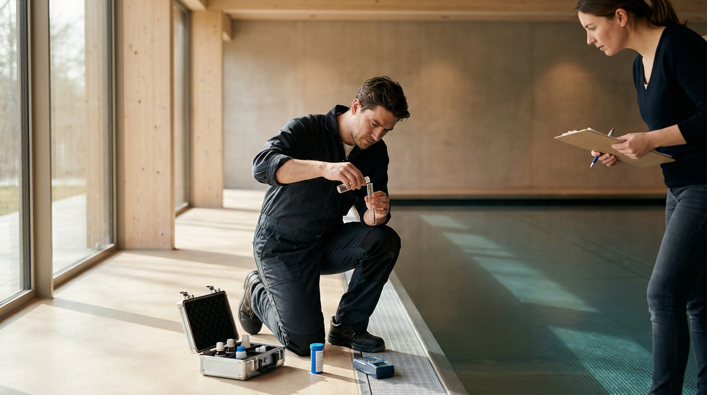 A man kneeling by the poolside, testing water quality with a test kit, while a woman observes and takes notes.