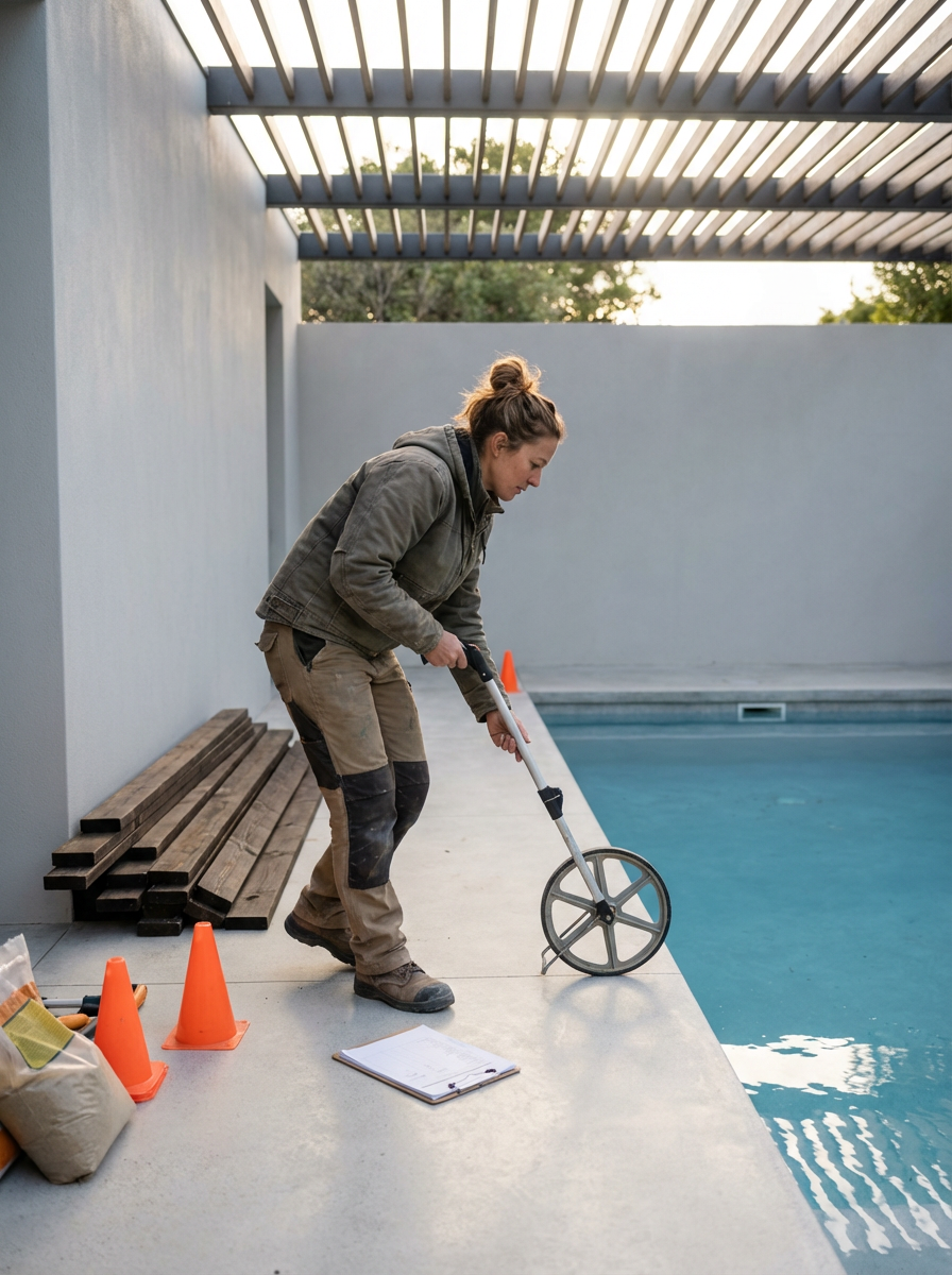 A woman inspecting a swimming pool using a pool testing device on the poolside, with safety cones and tools nearby.