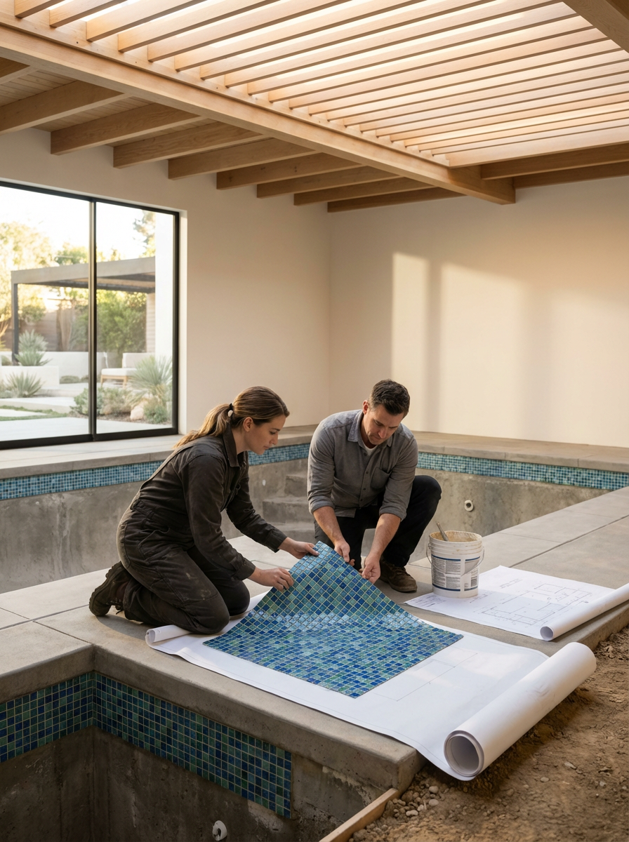 Two people installing a blue mosaic tile in an indoor pool area, with blueprints and a bucket of grout nearby, in a well-lit room with large windows.