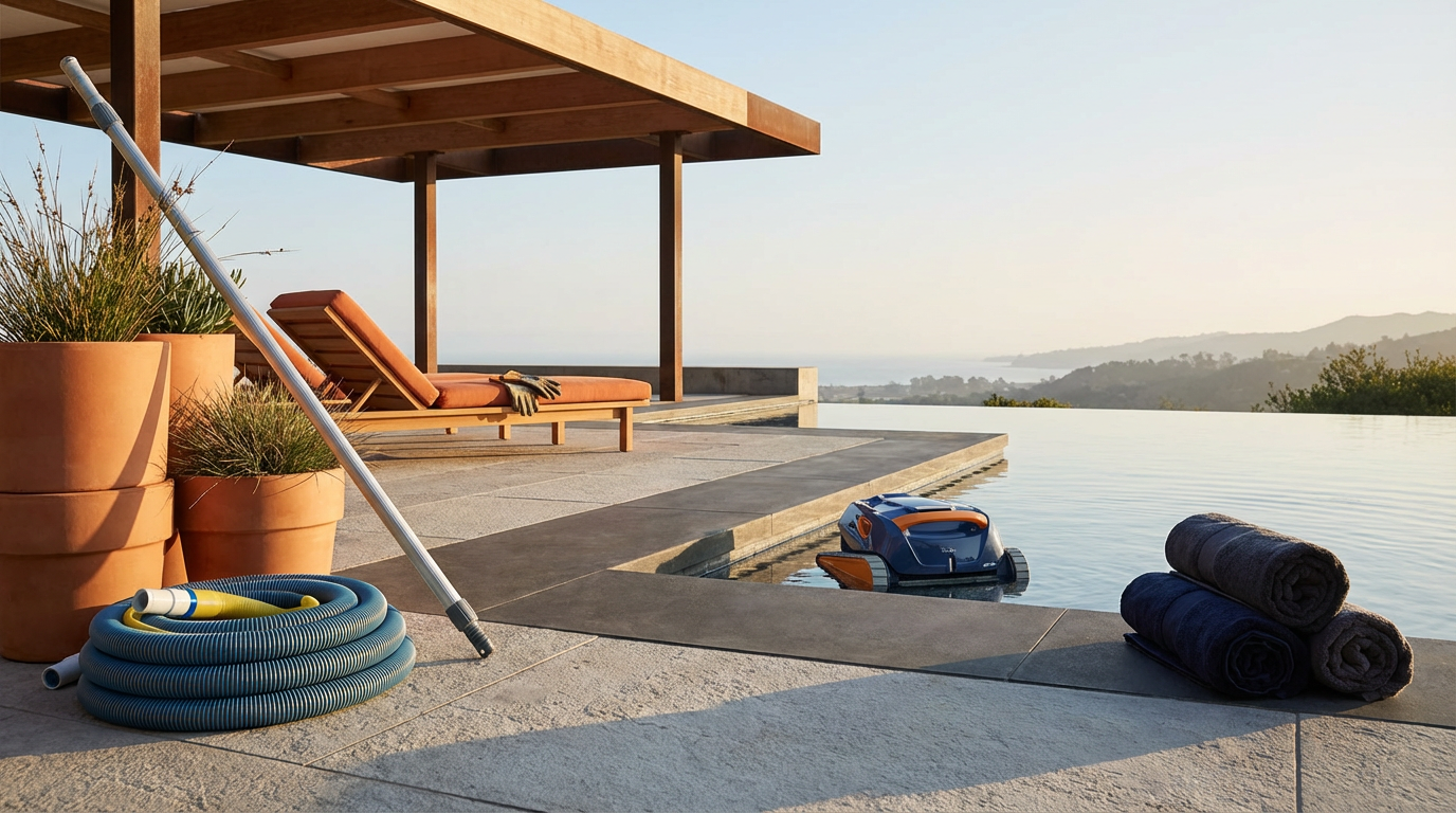 Poolside area with a lounge chair under a wooden cabana, a robotic pool cleaner in the pool, rolls of black towels, and a garden hose with a vacuum cleaner attachment, overlooking a scenic view of hills and water.