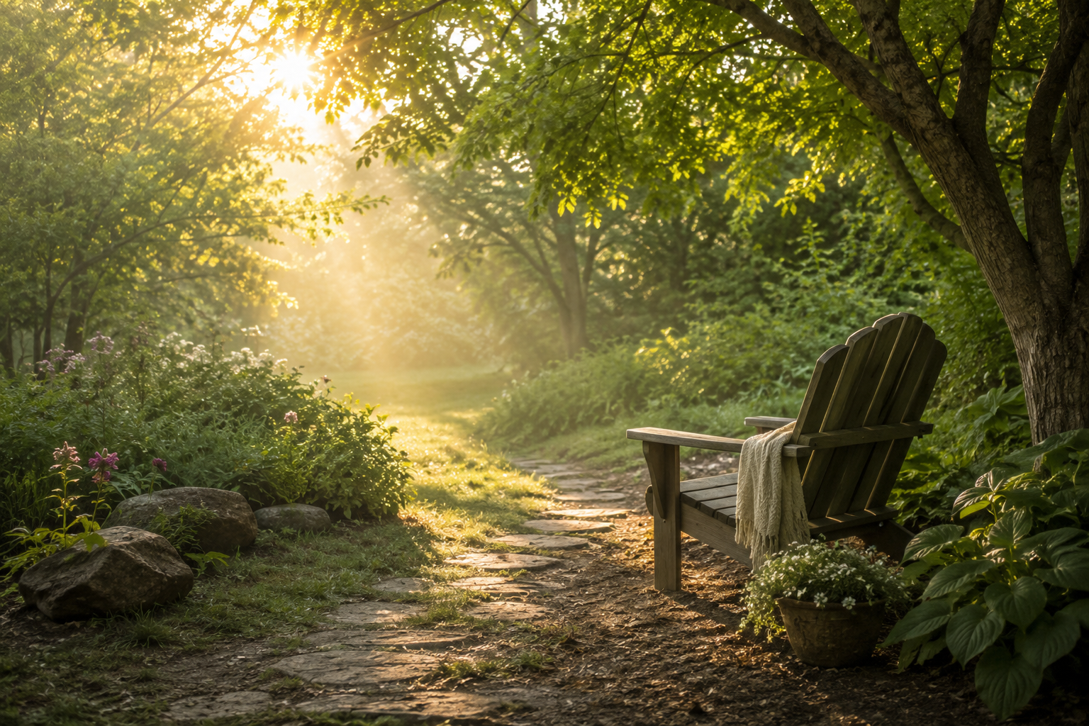 A peaceful garden path with a wooden bench, blanket, and potted flowers, bathed in warm sunlight through green trees.