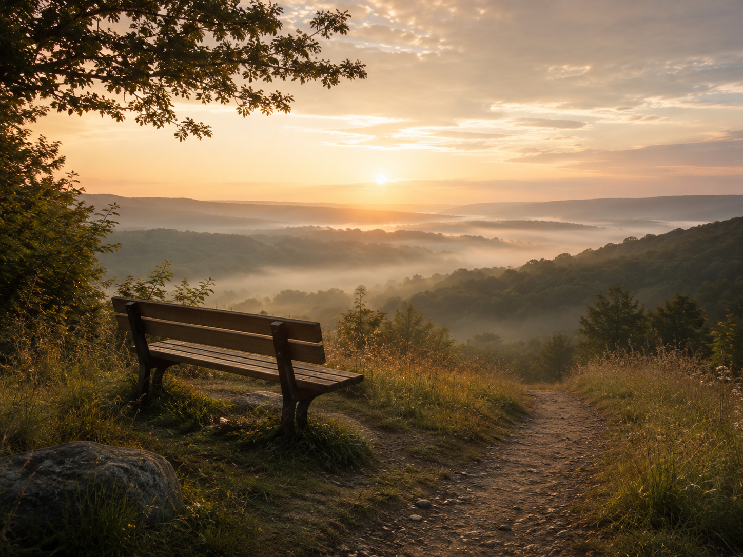 A bench on a grassy hill overlooking a foggy valley with rolling hills at sunrise.