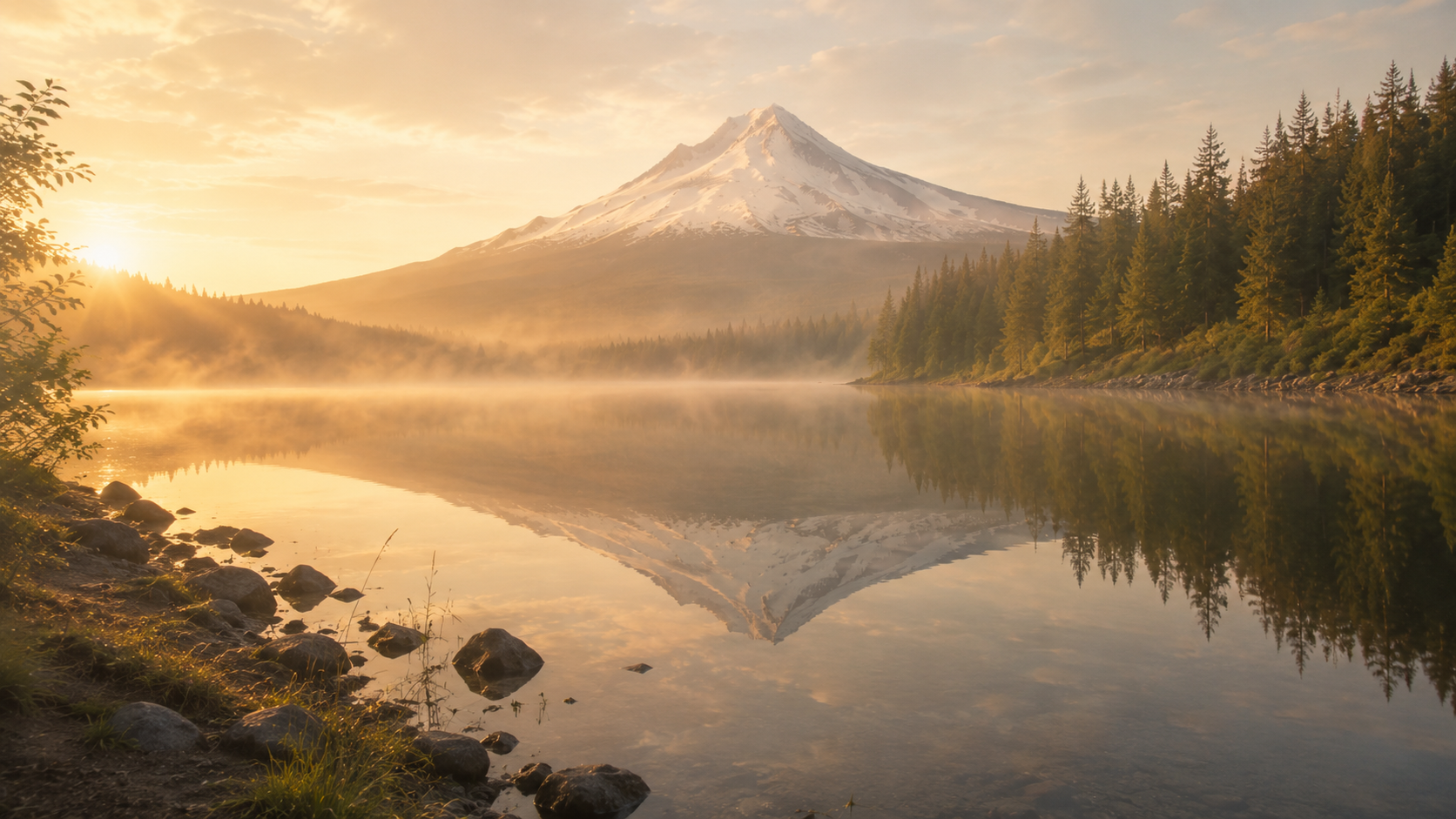 Sunrise over Mount Hood reflected in Mirror Lake, with trees along the shoreline and mist rising from the water.