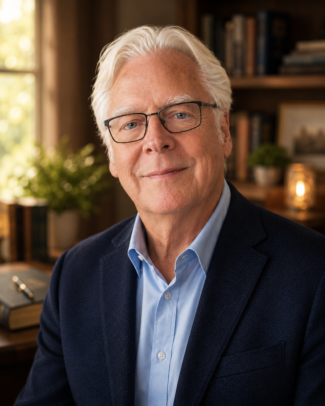 Portrait of an older man with white hair and glasses, wearing a dark blazer and light blue shirt, sitting in a cozy room with a bookshelf and a window with sunlight in the background.