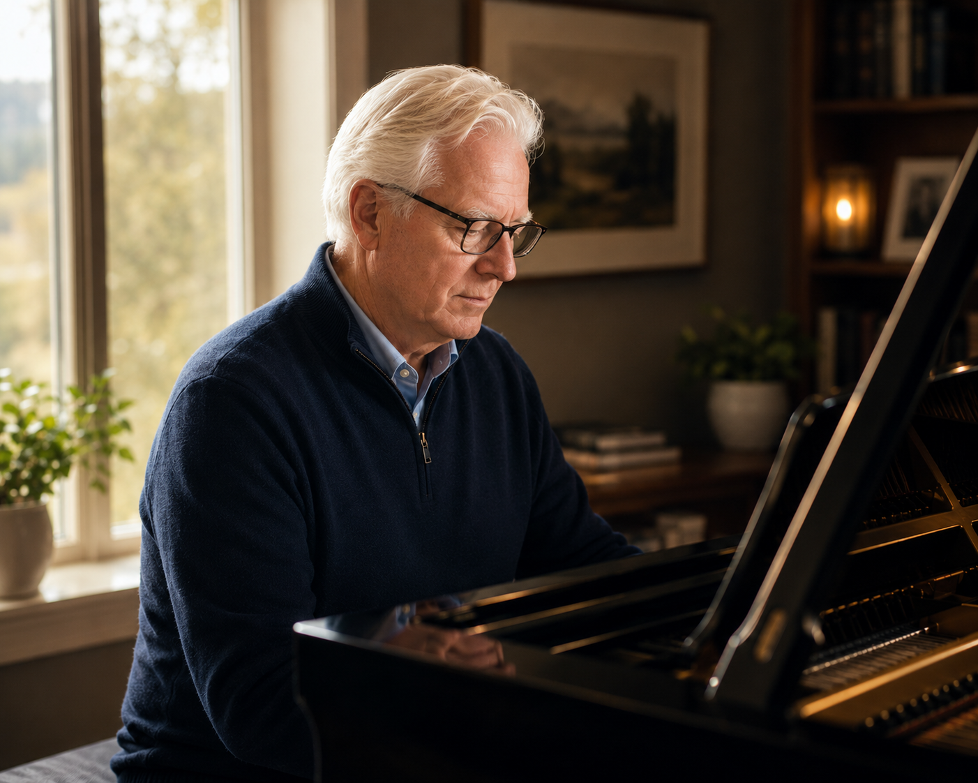 An older man with white hair and glasses playing a grand piano in a cozy, well-lit living room.