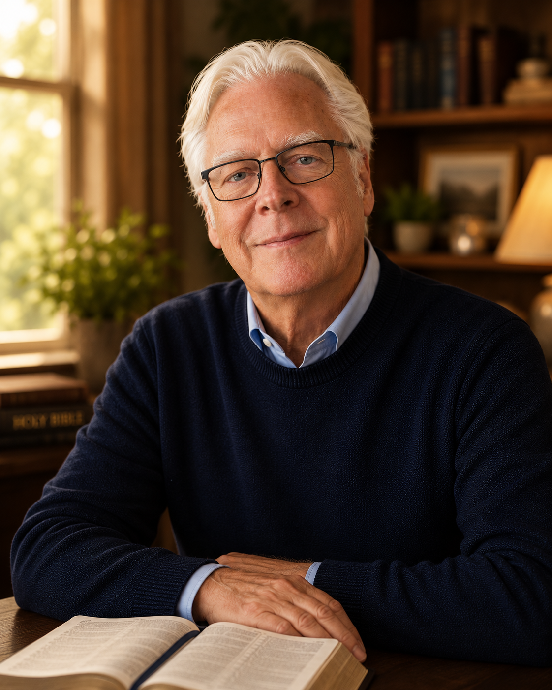 An elderly man with white hair and glasses sitting at a table with an open book in front of him, in a warmly lit room with bookshelves and a window with sunlight in the background.