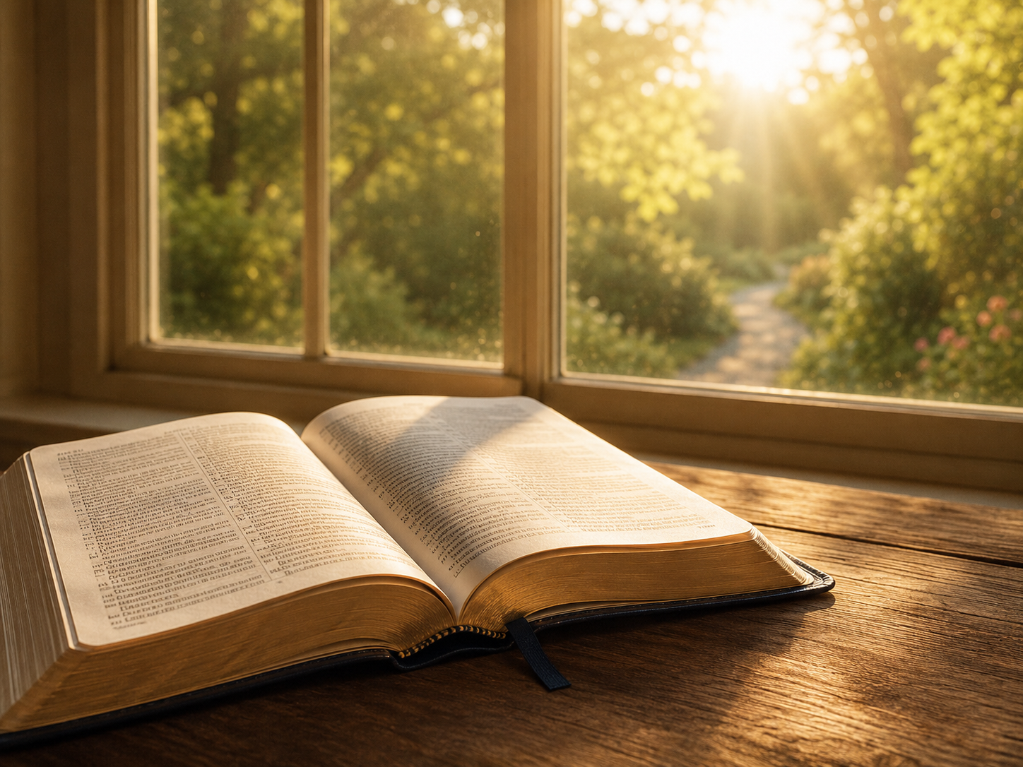 Open Bible on wooden table near window with sunlight and greenery outside
