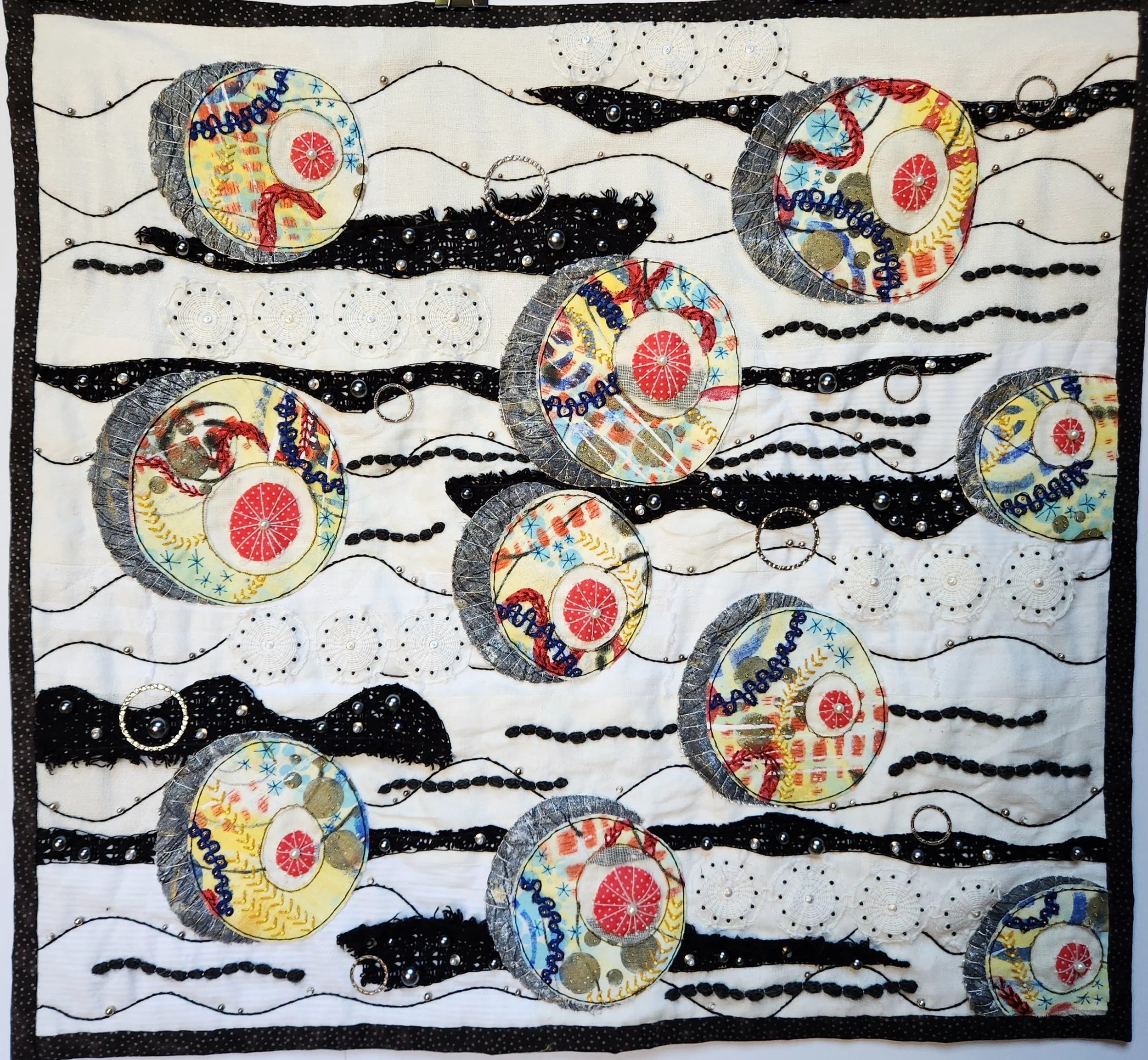 textile art, original bold intuitive design fabric collage, painted and stenciled fabrics, reclaimed fabrics, vintage fabrics, vintage trims, buttons, embellishments, beads, hand embroidery, free motion stitching