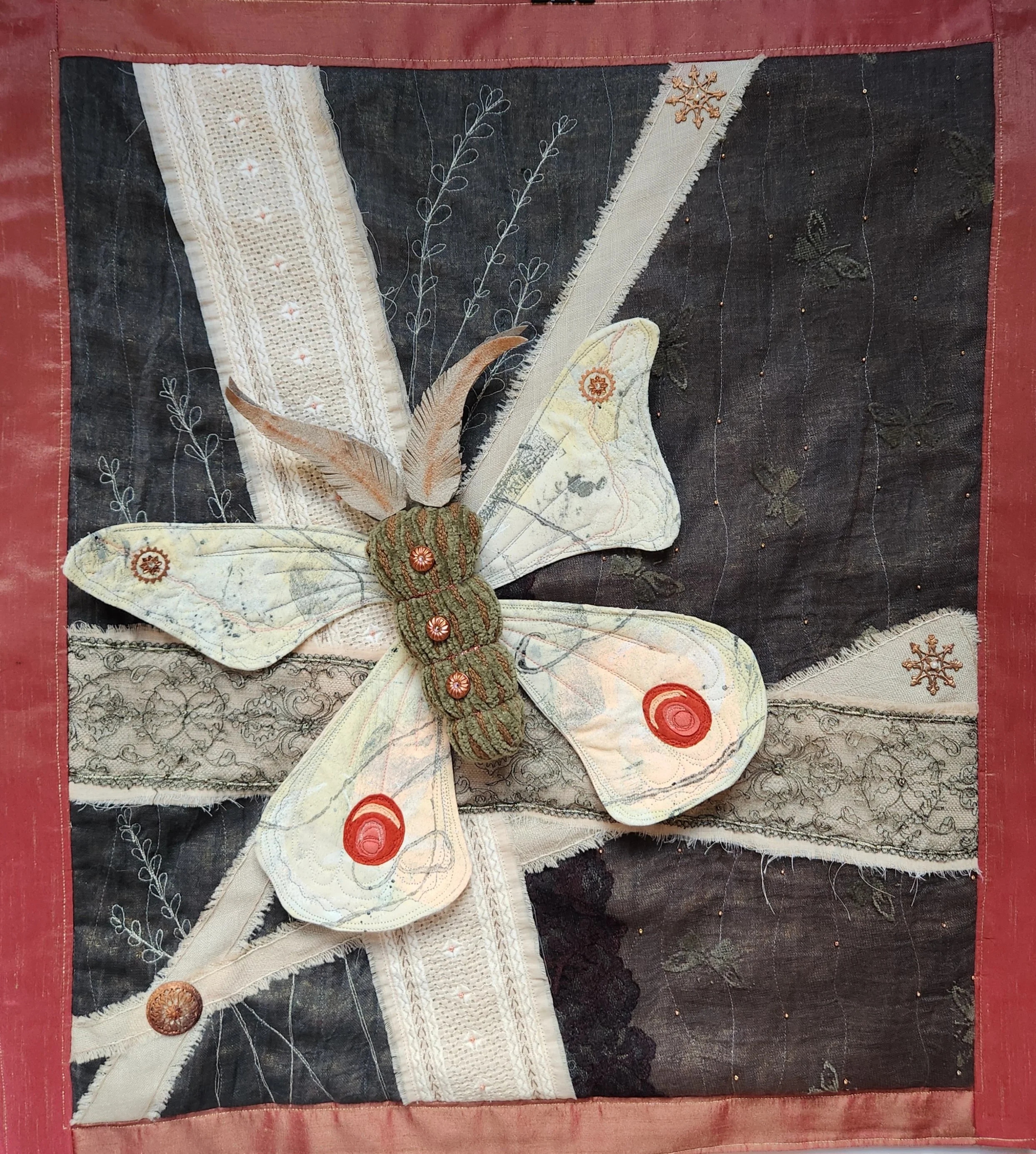 textile art, original bold intuitive design fabric collage, painted and stenciled fabrics, reclaimed fabrics, vintage fabrics, vintage trims, buttons, embellishments, beads, hand embroidery, free motion stitching