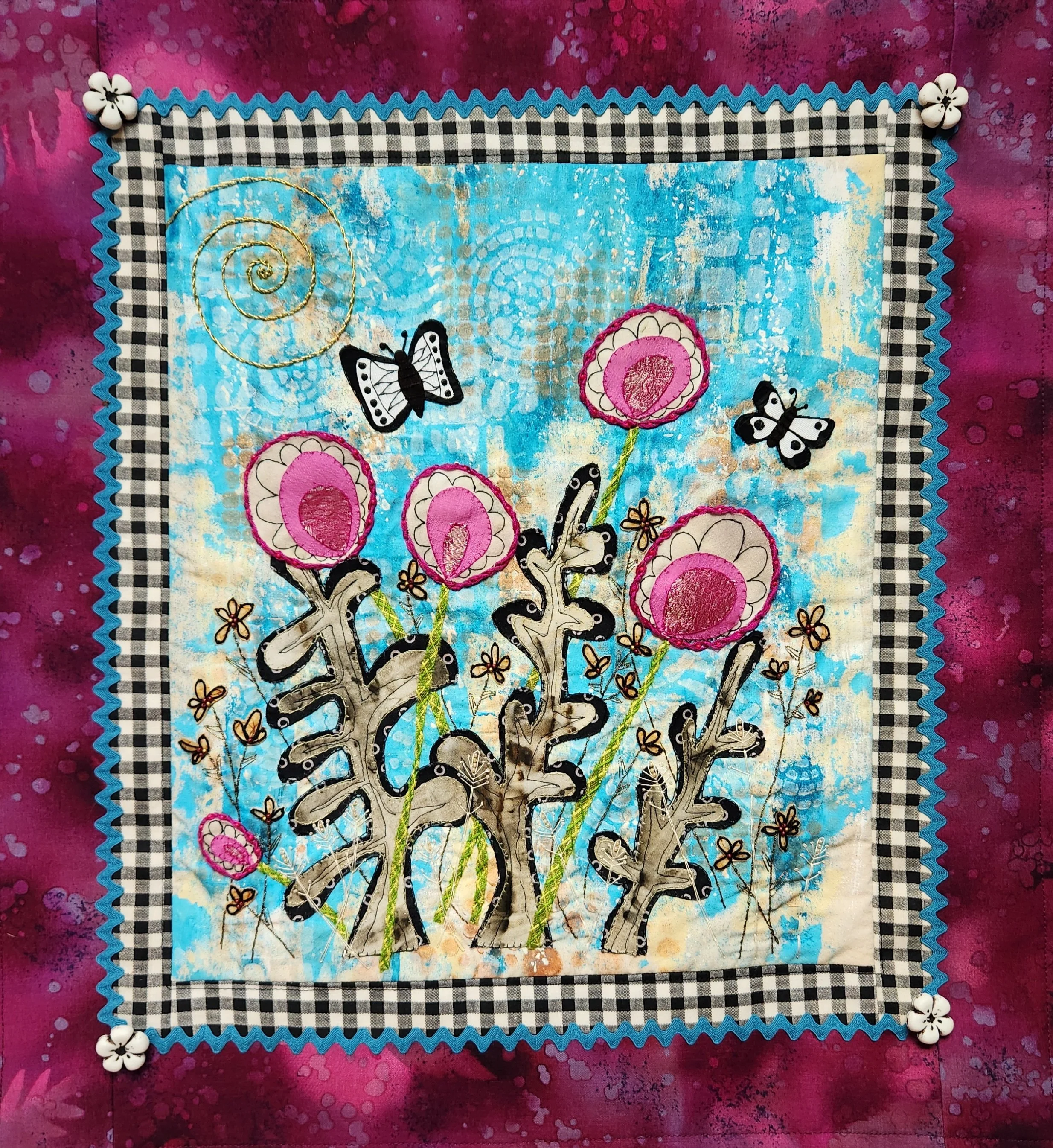 textile art, fabric collage featuring painted and stenciled fabric, reclaimed fabric,vintage fabric, vintage trims, buttons, beads, hand embroidery, free motion stitching,