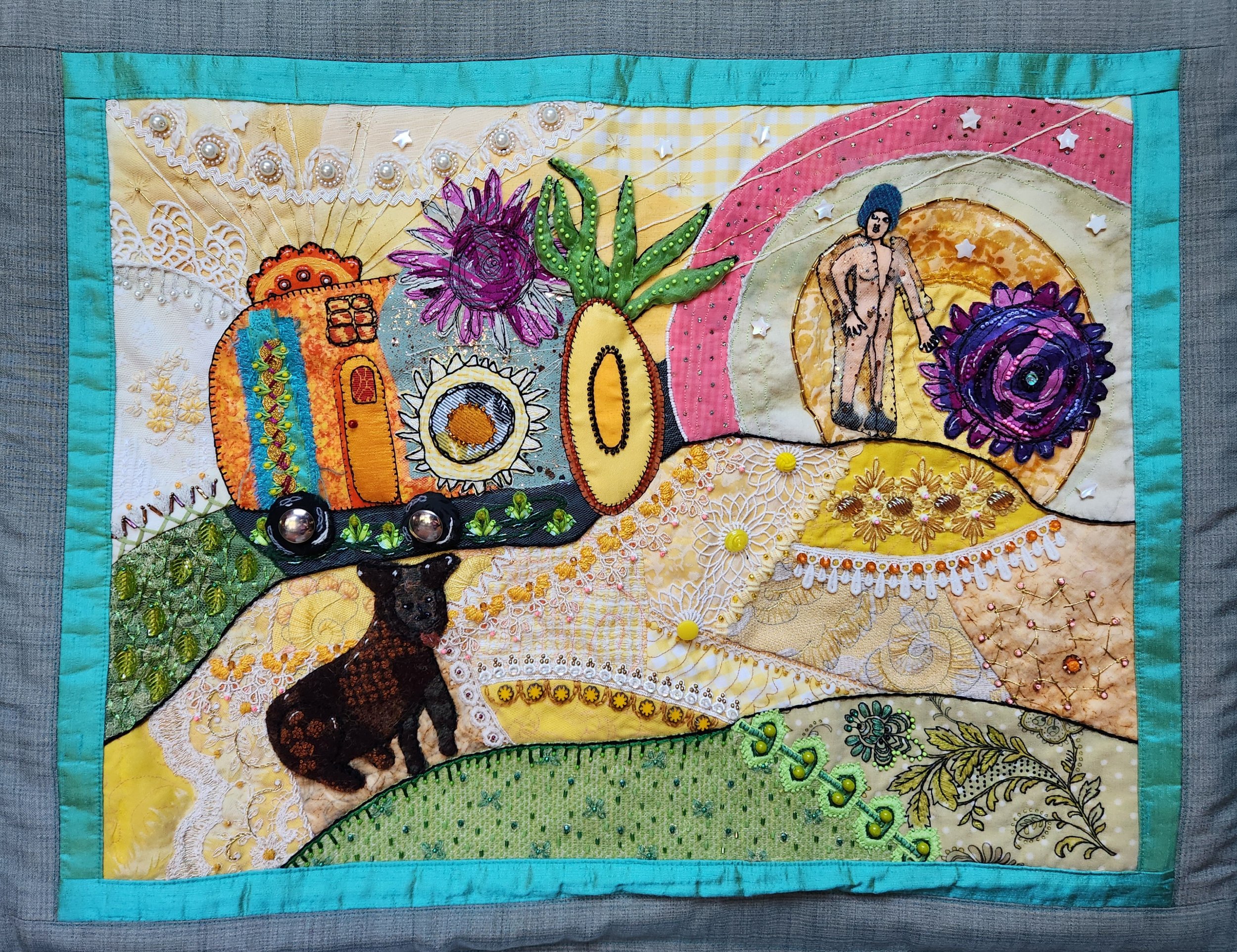 textile art, original bold intuitive design fabric collage, painted and stenciled fabrics, reclaimed fabrics, vintage fabrics, vintage trims, buttons, embellishments, beads, hand embroidery, free motion stitching